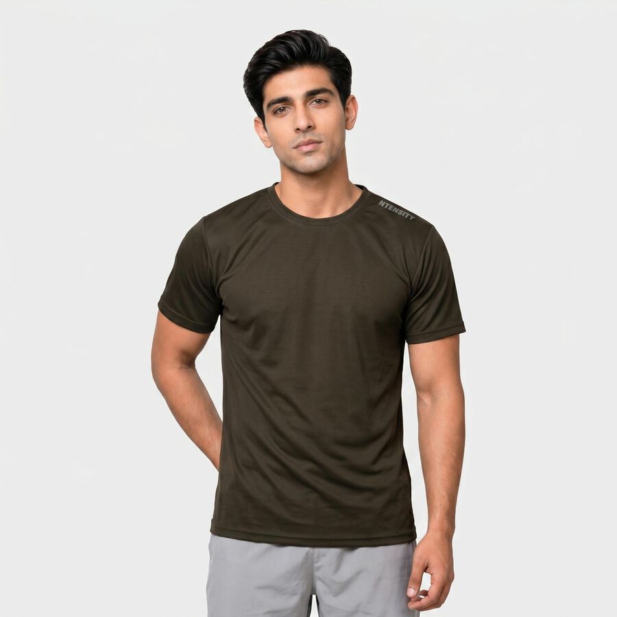 Men Olive Green Round Neck Regular T-Shirt, Olive, large