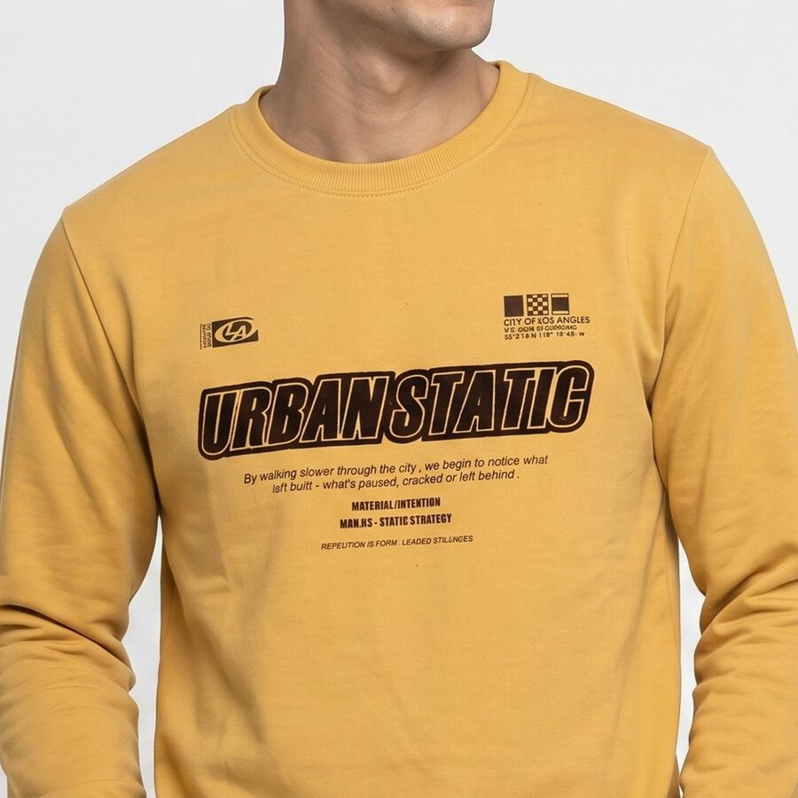 Men's Mustard Crew Neck Graphic Print Pullover Sweatshirt, Mustard, large