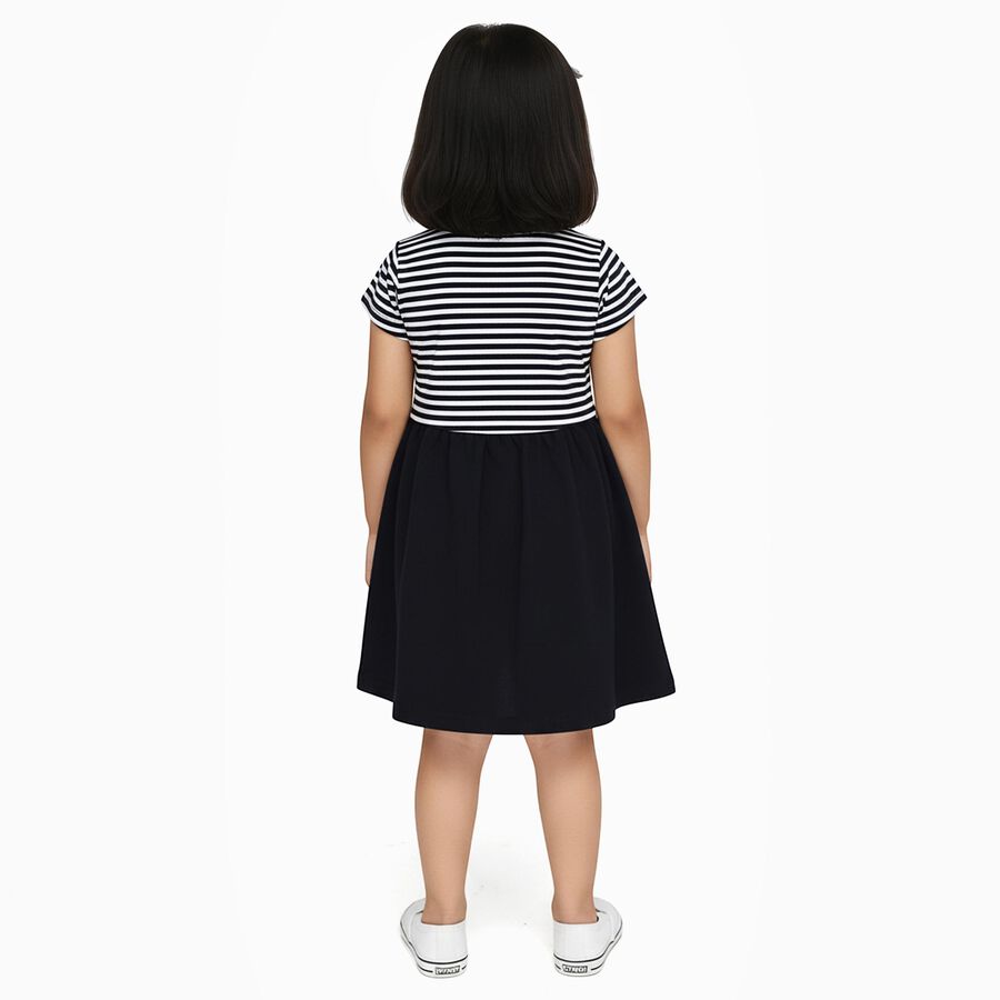 Girls' Black and White Striped Animal Applique Casual Frock, Navy Blue, large image number null