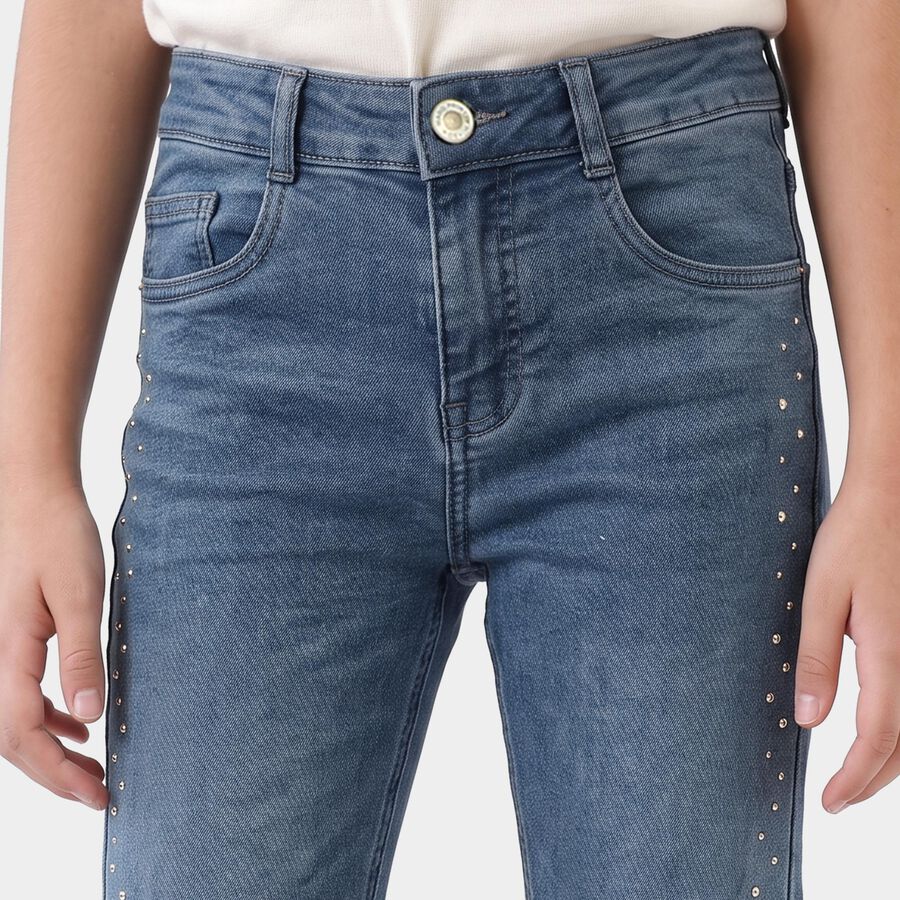 Girls Blue Bootcut Fit Studded Jeans, Melange Blue, large