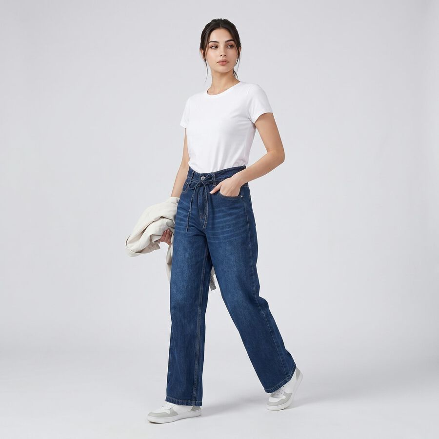 Women's Navy Blue Wide Leg Tie-Up Waist Jeans, गहरा नीला, large