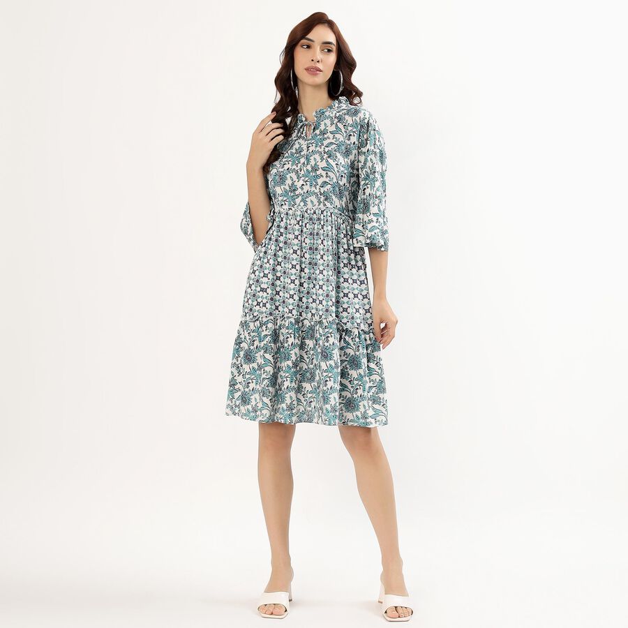 Women's Teal Floral Ruffled Neck Bohemian Dress, ऑफ व्हाइट, large image number null