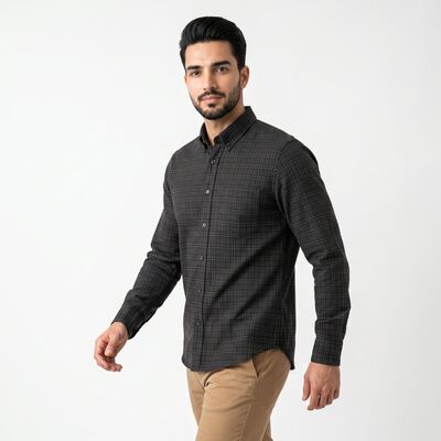 Men's Dark Grey Cotton Button-Down Collar Shirt