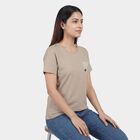 Women's Beige Cotton Blend Round Neck Graphic Print T-Shirt, Beige, small