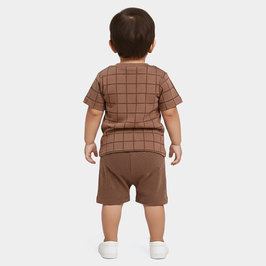 Infants' Beige 100% Cotton Round Neck Checked Baba Suit, Beige, large