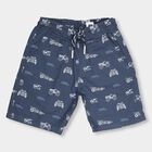 Boys' Bright Sky Blue Printed Cotton Bermuda Shorts, Navy Blue, small