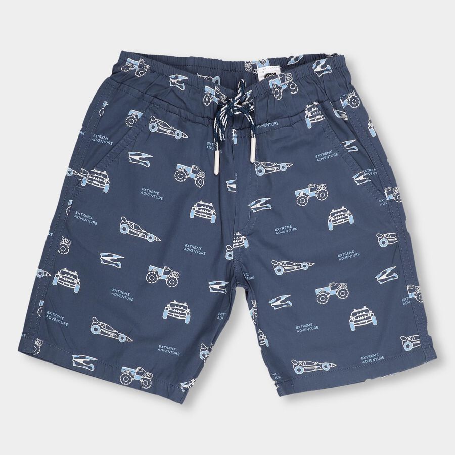 Boys' Bright Sky Blue Printed Cotton Bermuda Shorts, Navy Blue, large