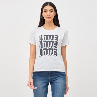 Women's White Round Neck Graphic Print T-Shirt
