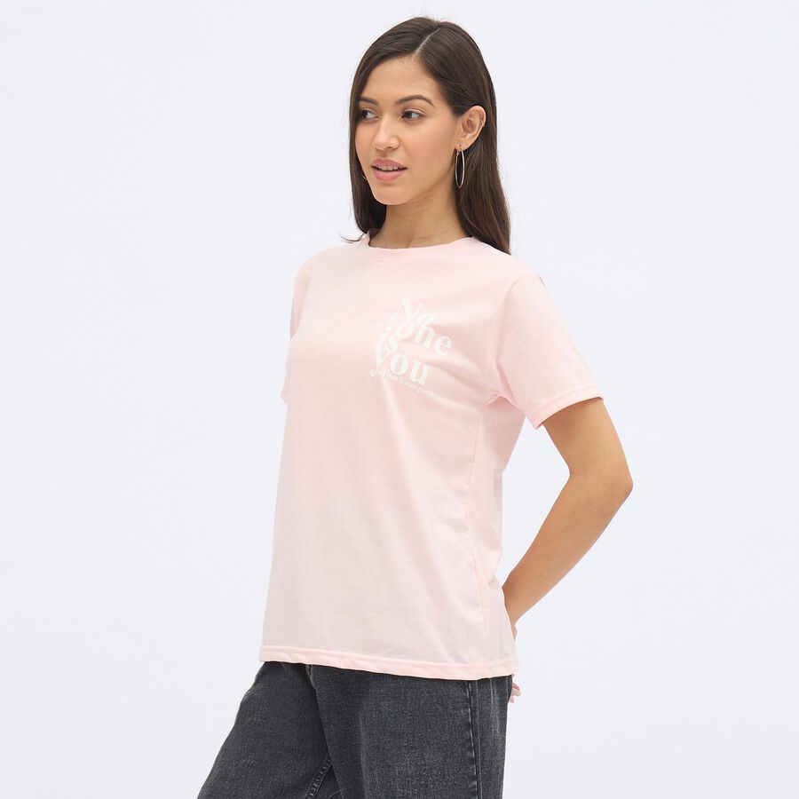 Women's Light Pink Round Neck Casual T-Shirt, Light Pink, large