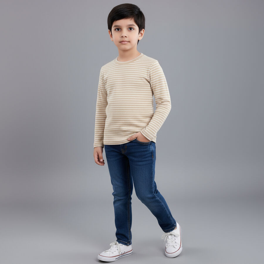 Boys Beige Cotton Blend Round Neck Casual T-Shirt, भूरा, large image number null