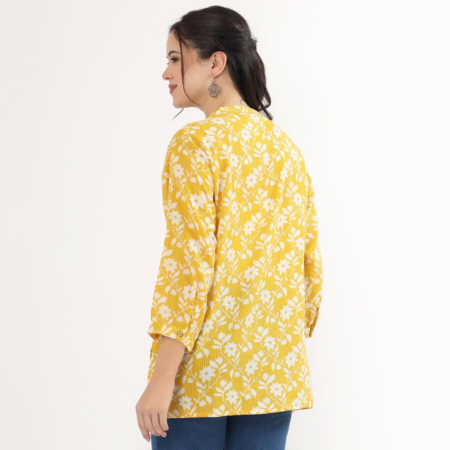 Women's Yellow Mandarin Collar Floral Printed Kurti, मस्टर्ड, large image number null