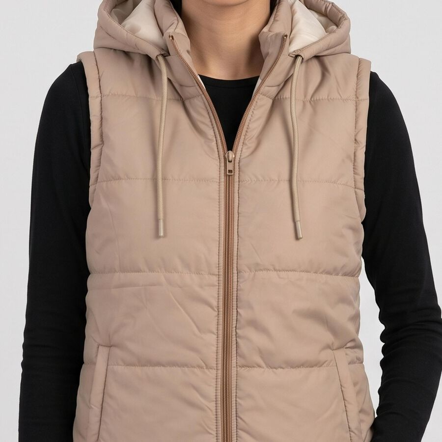 Women's Beige Hooded Puffer Jacket, गहरा पीला, large