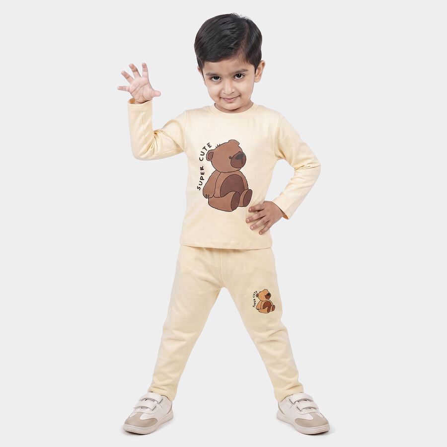 Boys Off White Crew Neck Teddy Graphic Baba Suit, ऑफ व्हाइट, large