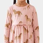 Girls Pink Horse Printed Fit and Flare Frock, Light Pink, small