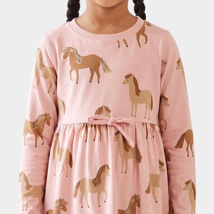 Girls Pink Horse Printed Fit and Flare Frock, Light Pink, large