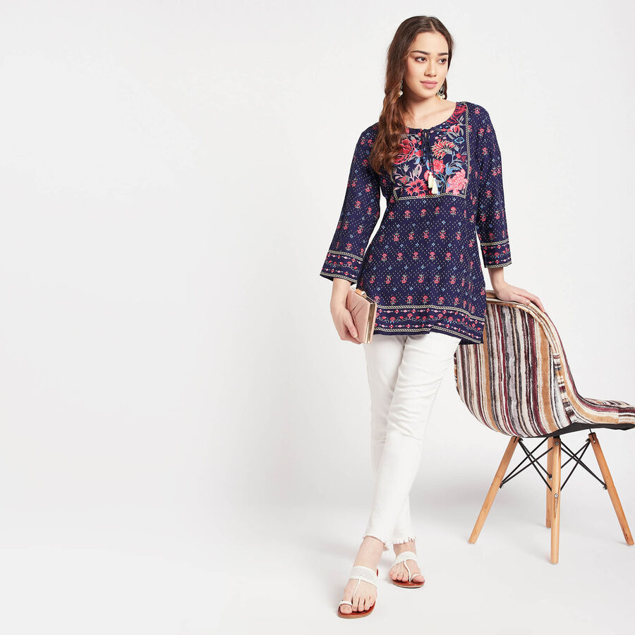 3/4Th Sleeves Straight Kurti, नेवी ब्लू, large image number null