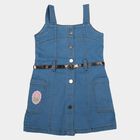 Girls' Blue A-Line Button Front Belted Frock, मध्यम नीला, small