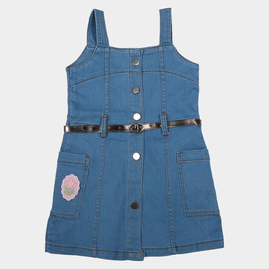Girls' Blue A-Line Button Front Belted Frock, मध्यम नीला, large