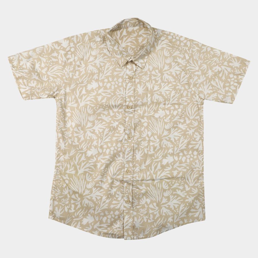 Boys Beige Cotton Printed Collar Regular Fit Shirt, Beige, large