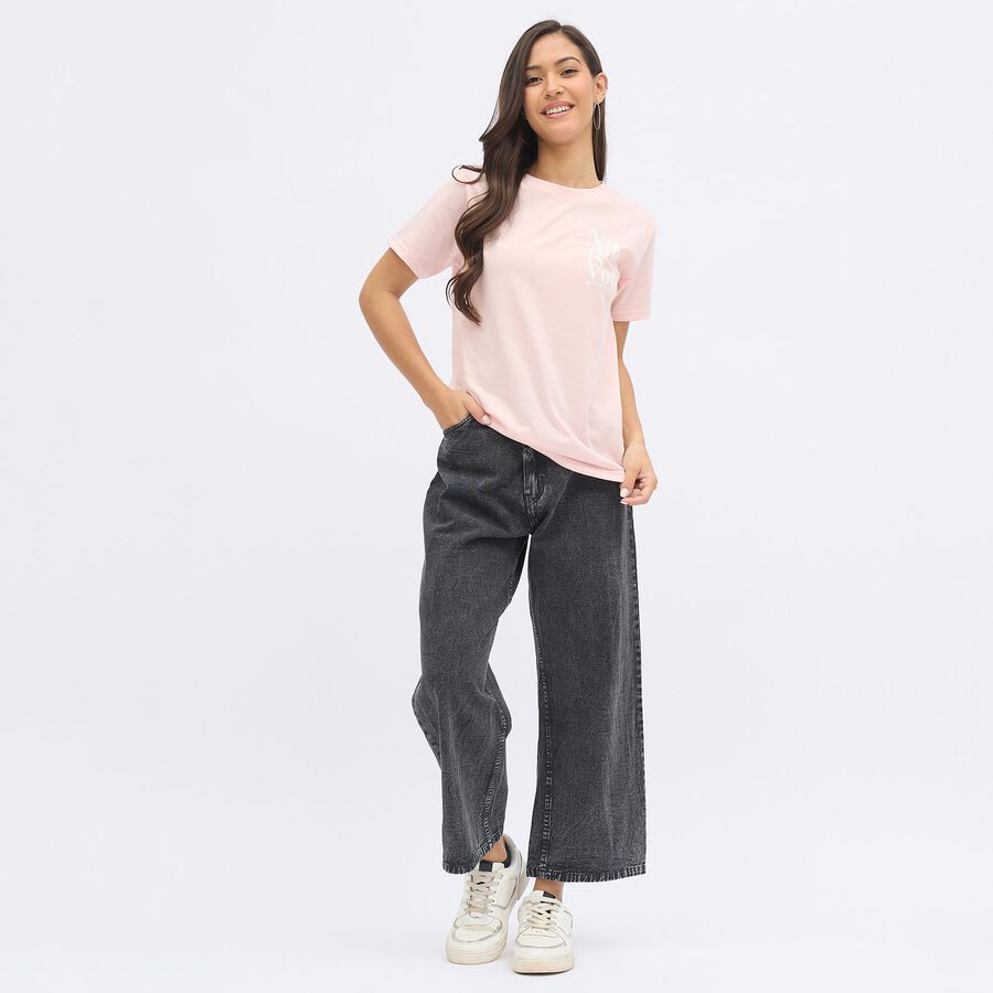 Women's Light Pink Round Neck Casual T-Shirt, Light Pink, large