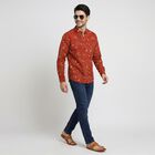 Men's Rust Cotton Mandarin Collar Floral Printed Kurta, रस्ट, small