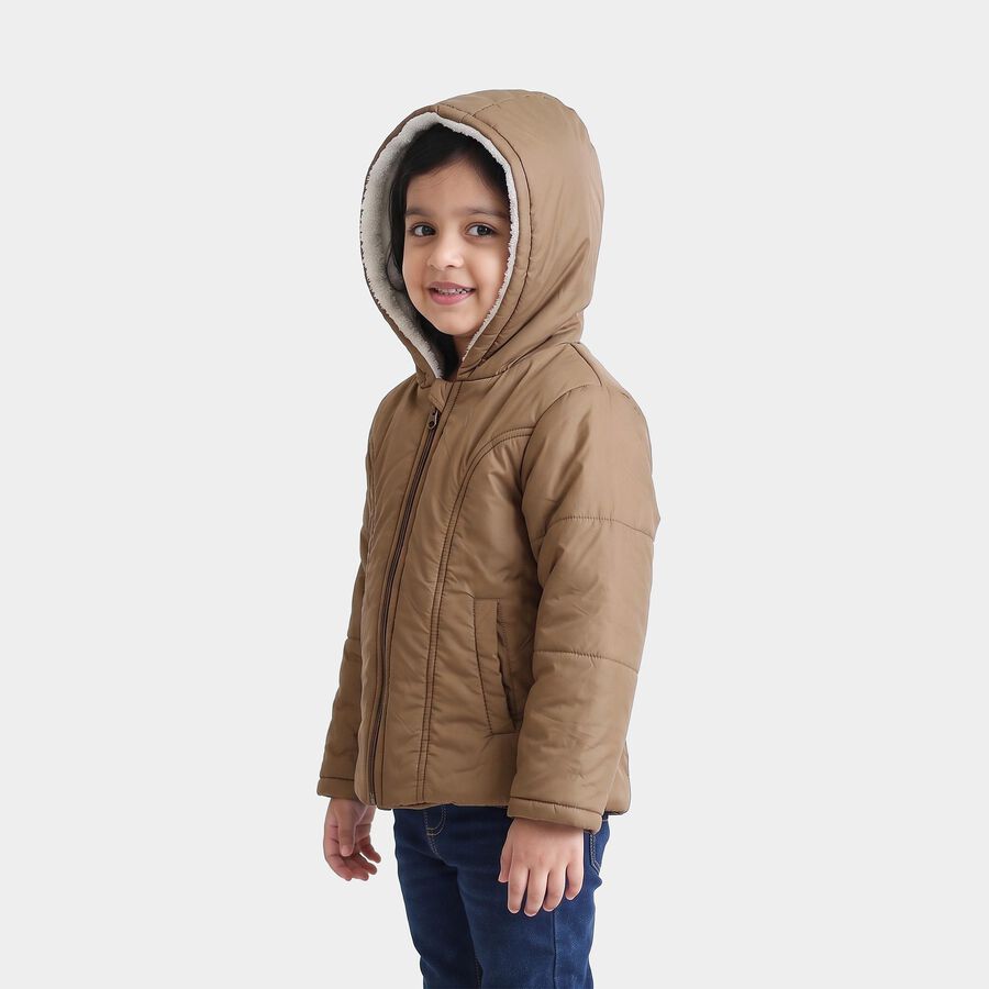 Girls Brown Hooded Puffer Jacket, Brown, large