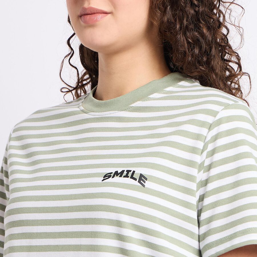 Ladies'  Stripes Round Neck T-Shirt, Light Green, large
