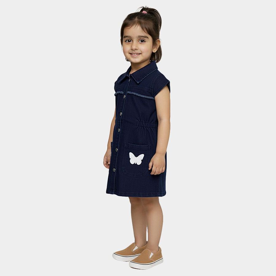 Girls' Deep Midnight Navy Button-Down Denim Frock, Dark Blue, large image number null