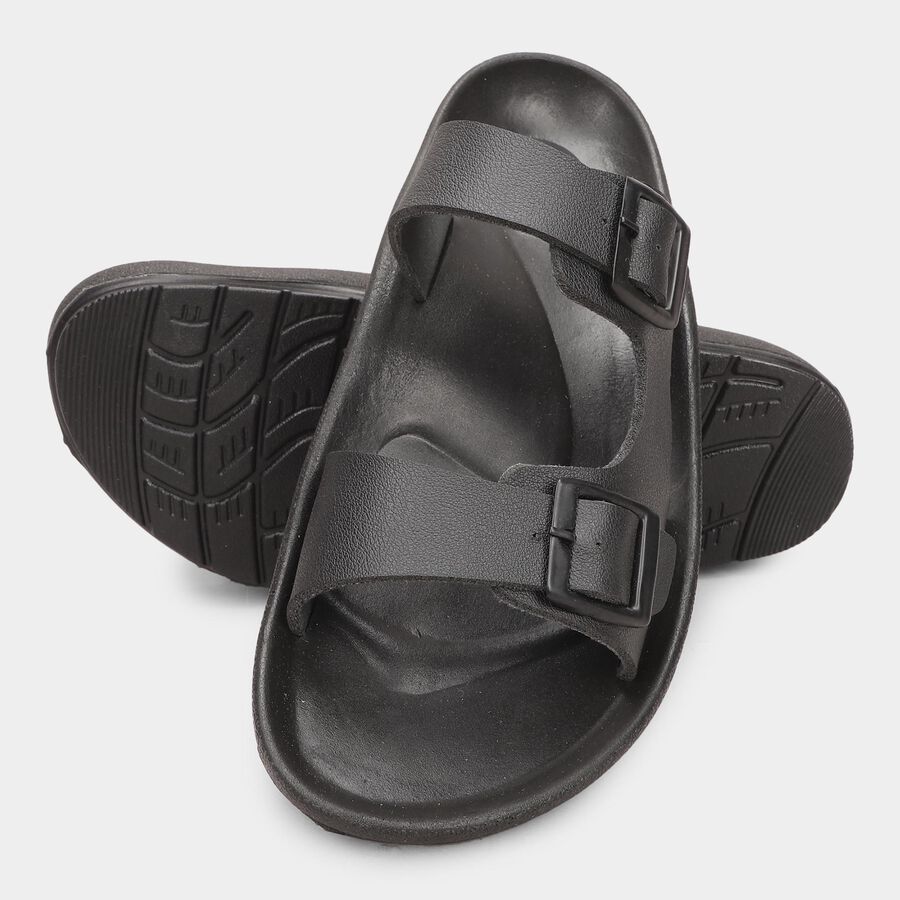 Men's Jet Black Buckle Strap Sandals, काला, large