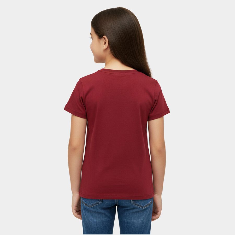Girls Maroon Cotton Crew Neck Casual T-Shirt, वाइन, large