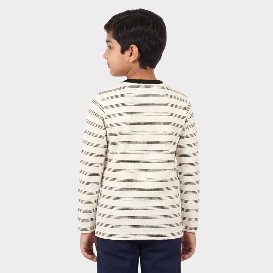 Boys' Off White Round Neck Striped Regular T-Shirt, Off White, large