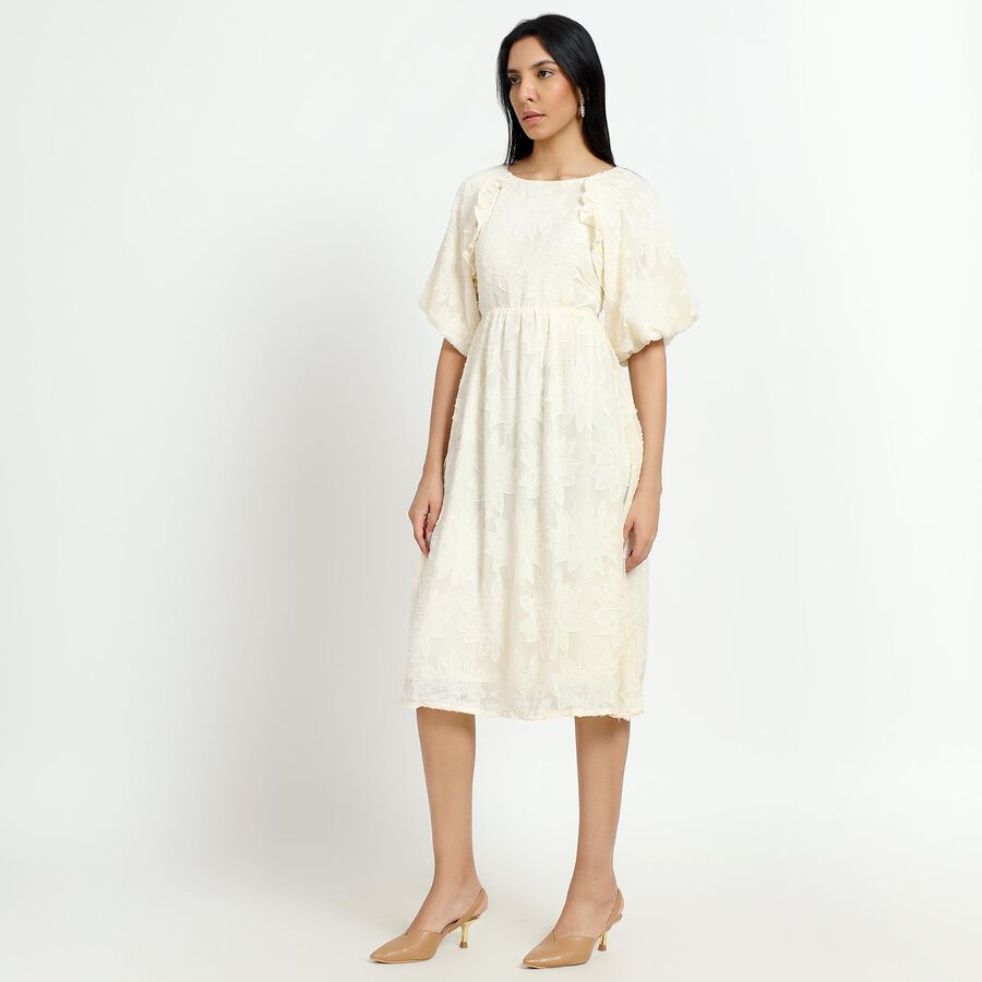 Women's Ivory Round Neck Romantic A-Line Dress, ऑफ व्हाइट, large image number null