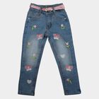 Girls' Light Blue Slim Fit Embroidered Jeans, मध्यम नीला, small