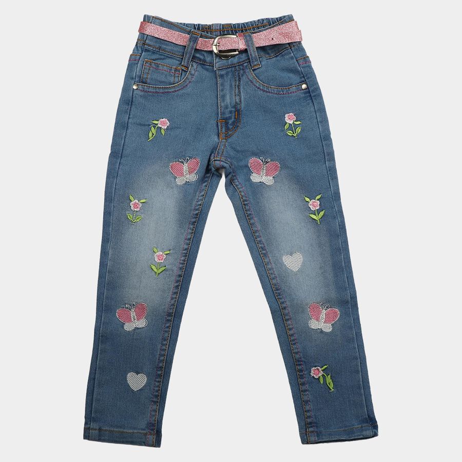 Girls' Light Blue Slim Fit Embroidered Jeans, मध्यम नीला, large
