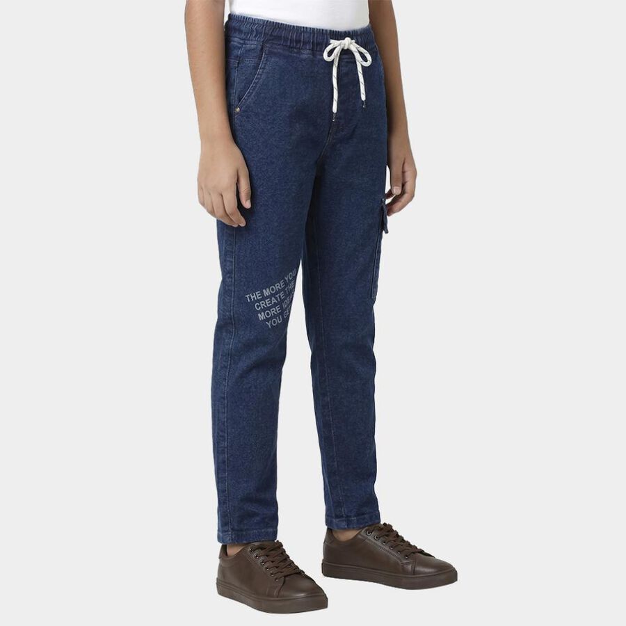 Boys' Blue Cargo Fit Printed Jeans, गहरा नीला, large
