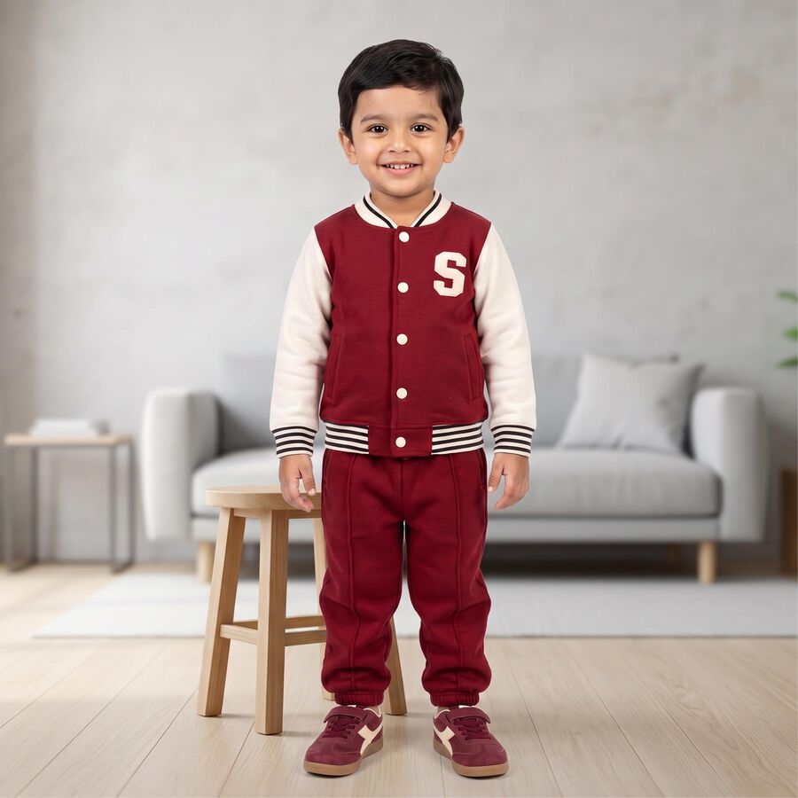 Boys' Red Round Neck Varsity Appliqu&eacute; Baba Suit, Red, large