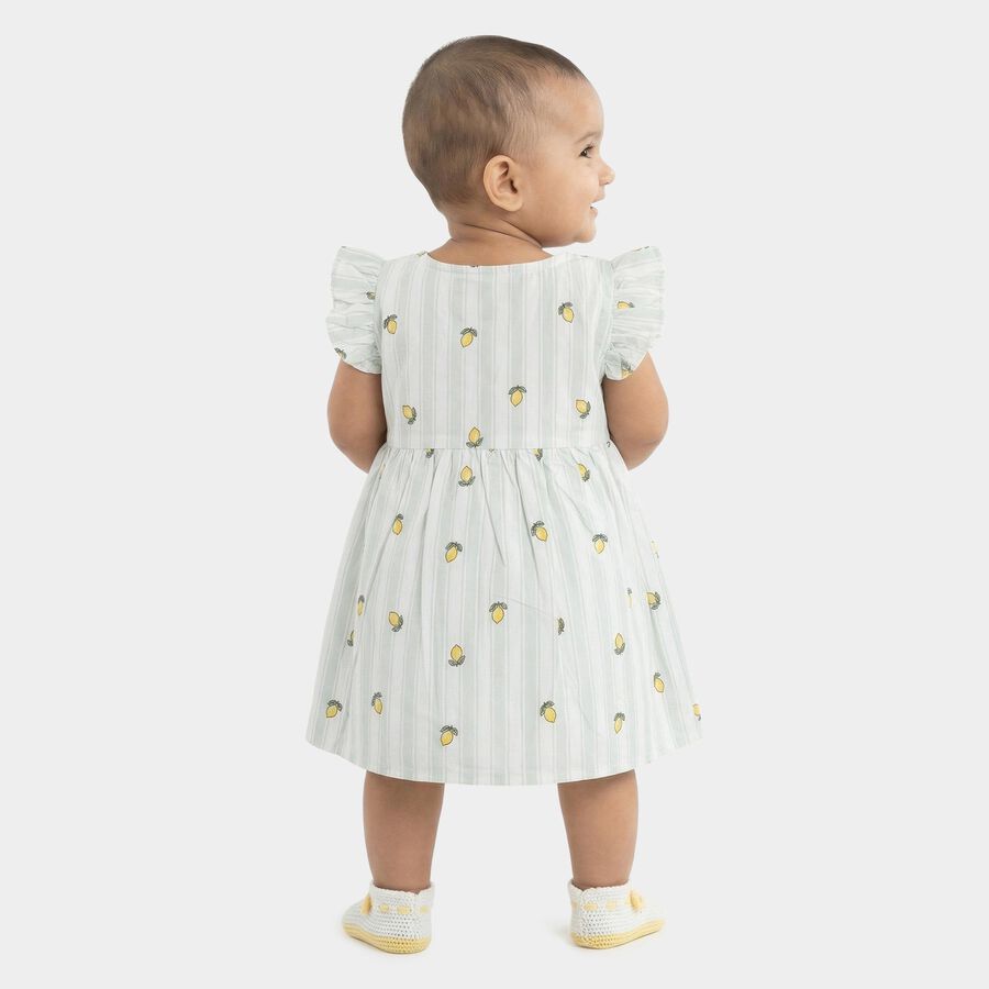 Infants' White and Light Green Lemon Print Ruffle Sleeve Cotton Frock, Light Green, large