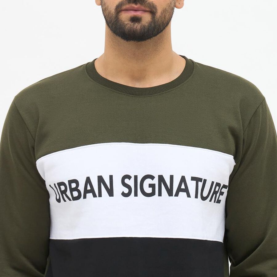 Men's Olive Green and Black Crew Neck Casual Sweatshirt, गहरा हरा, large image number null