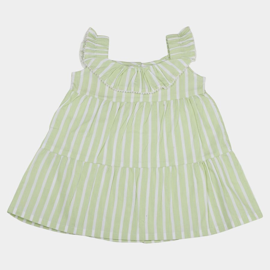 Infants' Green Striped Tiered Sleeveless Cotton Frock, Light Green, large