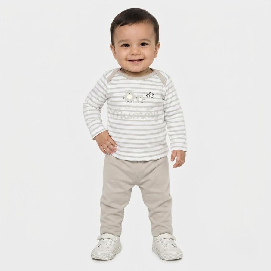 Infants' Grey 100% Cotton Round Neck Striped Baba Suit, हल्का ग्रे, large
