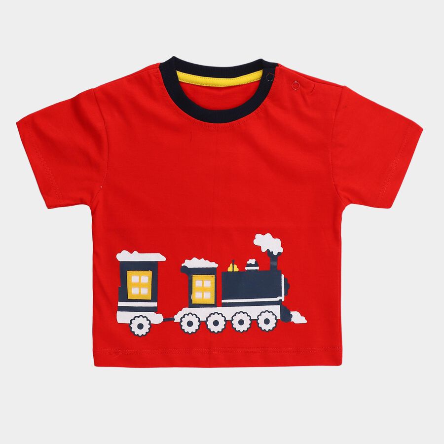 Infants' Red Cotton Round Neck Casual T-Shirt, Red, large