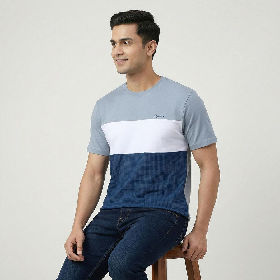 Men's Light Blue Cotton Round Neck Casual T-Shirt, हल्का नीला, large