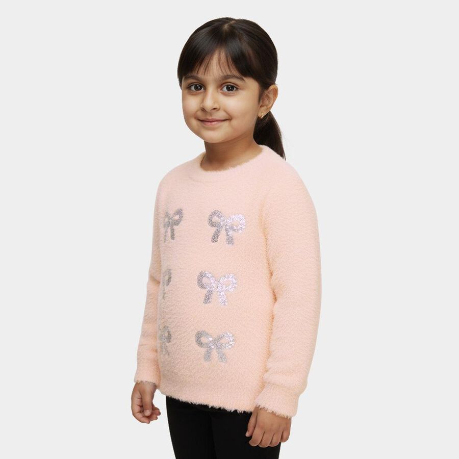 Girls Light Pink Round Neck Casual Pullover, हल्का गुलाबी, large image number null