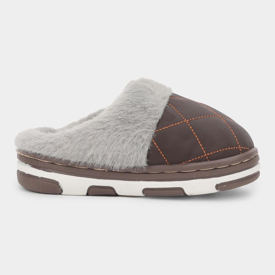 Kids Dark Chocolate Brown Fur Lined Slip-On Winter Slippers, Brown, large image number null