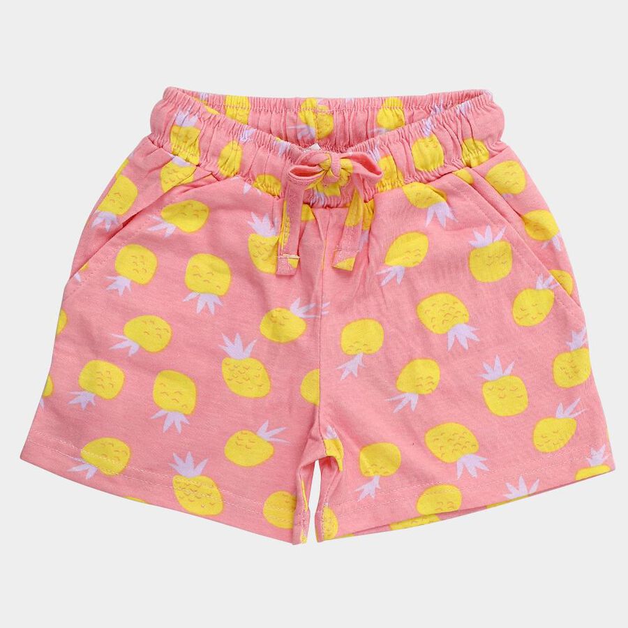 Girls' Bright Pink Pineapple Print Cotton Shorts, हल्का गुलाबी, large