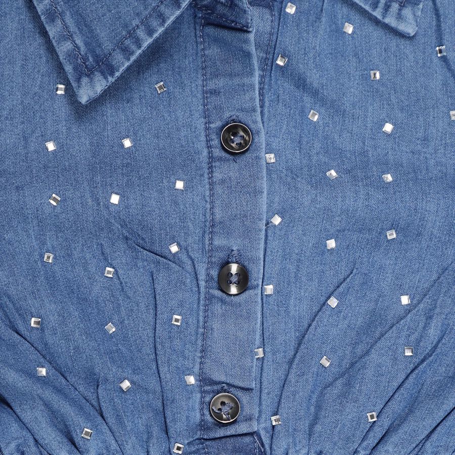 Girls' Deep Steel Blue Flared Embellished Short Sleeve Frock, Mid Blue, large