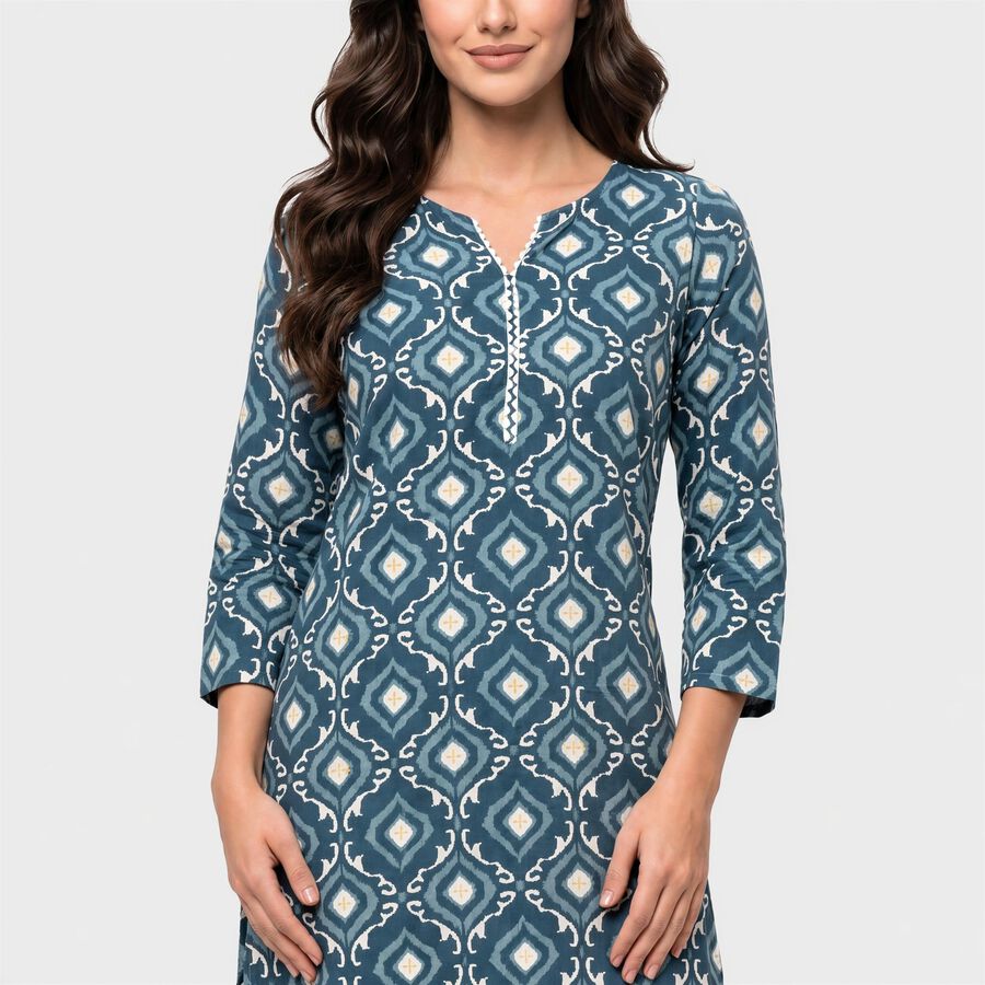 Women's Teal Blue Notch Neck Geometric Kurta, टील ब्लू, large