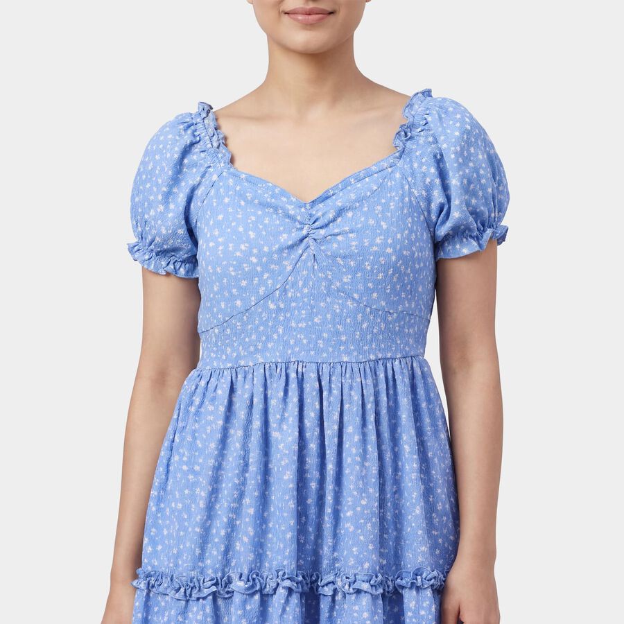 Women's Light Blue V-Neck Floral Tiered Dress, Light Blue, large