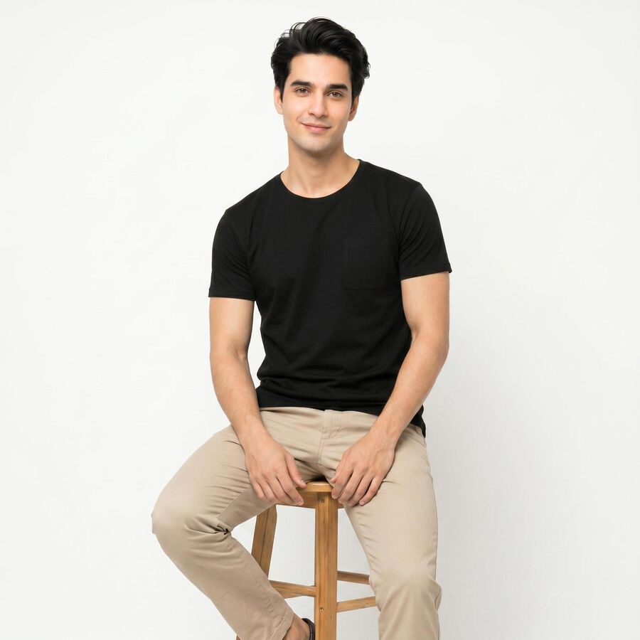 Men's Black Cotton Round Neck Regular T-Shirt, Black, large