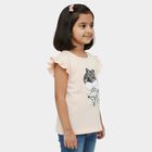 Girls' Pink Cotton Round Neck Sequin Cat Graphic Ruffle Sleeve T-Shirt, हल्का गुलाबी, small